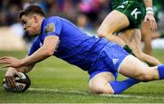 29 September 2018; Garry Ringrose of Leinster goes over to score his side's first try during the Guinness PRO14 Round 5 match between Connacht and Leinster at The Sportsground in Galway. Photo by Brendan Moran/Sportsfile