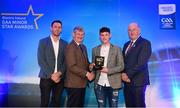29 September 2018; Jamie Young of O’Loughlin Gaels, Kilkenny, is presented with his Hurling Team of the Year Award by Pat O’Doherty, ESB Chief Executive, alongside Former Kilkenny hurler and Electric Ireland Minor Star Awards judge Michael Fennelly, left, and Uachtarán Chumann Lúthcleas Gael John Horan. The Hurling and Football Team of the Year was selected by an expert panel of GAA legends including Ollie Canning, Sean Cavanagh, Michael Fennelly and Daniel Goulding. Sponsors of the GAA Minor Championships, Electric Ireland today recognised the talent and dedication of 15 Minor football players, and 15 Minor hurling players at the second annual Electric Ireland Minor Star Awards at Croke Park. #GAAThisIsMajor Photo by Sam Barnes/Sportsfile