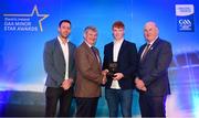 29 September 2018; Shane Jennings of Ballinasloe, Galway, is presented with his Hurling Team of the Year Award by Pat O’Doherty, ESB Chief Executive, alongside Former Kilkenny hurler and Electric Ireland Minor Star Awards judge Michael Fennelly, left, and Uachtarán Chumann Lúthcleas Gael John Horan. The Hurling and Football Team of the Year was selected by an expert panel of GAA legends including Ollie Canning, Sean Cavanagh, Michael Fennelly and Daniel Goulding. Sponsors of the GAA Minor Championships, Electric Ireland today recognised the talent and dedication of 15 Minor football players, and 15 Minor hurling players at the second annual Electric Ireland Minor Star Awards at Croke Park. #GAAThisIsMajor Photo by Sam Barnes/Sportsfile
