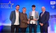 29 September 2018; Patrick Rabbitte of St. Mary’s, Galway, is presented with his Hurling Team of the Year Award by Pat O’Doherty, ESB Chief Executive, alongside Former Kilkenny hurler and Electric Ireland Minor Star Awards judge Michael Fennelly, left, and Uachtarán Chumann Lúthcleas Gael John Horan. The Hurling and Football Team of the Year was selected by an expert panel of GAA legends including Ollie Canning, Sean Cavanagh, Michael Fennelly and Daniel Goulding. Sponsors of the GAA Minor Championships, Electric Ireland today recognised the talent and dedication of 15 Minor football players, and 15 Minor hurling players at the second annual Electric Ireland Minor Star Awards at Croke Park. #GAAThisIsMajor Photo by Sam Barnes/Sportsfile