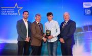 29 September 2018; Cathal O’Neill of Crecora-Manister, Limerick, is presented with his Hurling Team of the Year Award by Pat O’Doherty, ESB Chief Executive, alongside Former Kilkenny hurler and Electric Ireland Minor Star Awards judge Michael Fennelly, left, and Uachtarán Chumann Lúthcleas Gael John Horan. The Hurling and Football Team of the Year was selected by an expert panel of GAA legends including Ollie Canning, Sean Cavanagh, Michael Fennelly and Daniel Goulding. Sponsors of the GAA Minor Championships, Electric Ireland today recognised the talent and dedication of 15 Minor football players, and 15 Minor hurling players at the second annual Electric Ireland Minor Star Awards at Croke Park. #GAAThisIsMajor Photo by Sam Barnes/Sportsfile