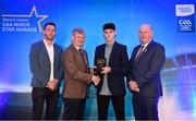 29 September 2018; Donal Leavy of Naomh Olaf, Dublin, is presented with his Hurling Team of the Year Award by Pat O’Doherty, ESB Chief Executive, alongside Former Kilkenny hurler and Electric Ireland Minor Star Awards judge Michael Fennelly, left, and Uachtarán Chumann Lúthcleas Gael John Horan. The Hurling and Football Team of the Year was selected by an expert panel of GAA legends including Ollie Canning, Sean Cavanagh, Michael Fennelly and Daniel Goulding. Sponsors of the GAA Minor Championships, Electric Ireland today recognised the talent and dedication of 15 Minor football players, and 15 Minor hurling players at the second annual Electric Ireland Minor Star Awards at Croke Park. #GAAThisIsMajor Photo by Sam Barnes/Sportsfile