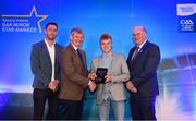 29 September 2018; James Devaney of Borris-Ileigh, Tipperary, is presented with his Hurling Team of the Year Award by Pat O’Doherty, ESB Chief Executive, alongside Former Kilkenny hurler and Electric Ireland Minor Star Awards judge Michael Fennelly, left, and Uachtarán Chumann Lúthcleas Gael John Horan. The Hurling and Football Team of the Year was selected by an expert panel of GAA legends including Ollie Canning, Sean Cavanagh, Michael Fennelly and Daniel Goulding. Sponsors of the GAA Minor Championships, Electric Ireland today recognised the talent and dedication of 15 Minor football players, and 15 Minor hurling players at the second annual Electric Ireland Minor Star Awards at Croke Park. #GAAThisIsMajor Photo by Sam Barnes/Sportsfile