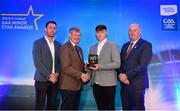 29 September 2018; Luke Swan of Castleknock, Dublin, is presented with his Hurling Team of the Year Award by Pat O’Doherty, ESB Chief Executive, alongside Former Kilkenny hurler and Electric Ireland Minor Star Awards judge Michael Fennelly, left, and Uachtarán Chumann Lúthcleas Gael John Horan. The Hurling and Football Team of the Year was selected by an expert panel of GAA legends including Ollie Canning, Sean Cavanagh, Michael Fennelly and Daniel Goulding. Sponsors of the GAA Minor Championships, Electric Ireland today recognised the talent and dedication of 15 Minor football players, and 15 Minor hurling players at the second annual Electric Ireland Minor Star Awards at Croke Park. #GAAThisIsMajor Photo by Sam Barnes/Sportsfile