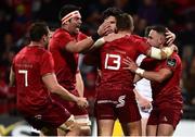 29 September 2018; Dan Goggin, 13, of Munster is congratulated by his team-mates after he scored his side's first try during the Guinness PRO14 Round 5 match between Munster and Ulster at Thomond Park in Limerick. Photo by Matt Browne/Sportsfile