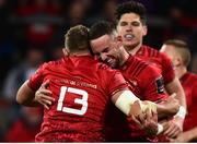 29 September 2018; Dan Goggin, 13, of Munster is congratulated by team-mate Alby Mathewson after he scored their side's first try during the Guinness PRO14 Round 5 match between Munster and Ulster at Thomond Park in Limerick. Photo by Matt Browne/Sportsfile