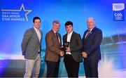 29 September 2018; Darragh Rahilly of Rathmore, Kerry, is presented with his Football Team of the Year Award by Pat O’Doherty, ESB Chief Executive, alongside Former Tyrone footballer and Electric Ireland Minor Star Awards judge Sean Cavanagh, left, and Uachtarán Chumann Lúthcleas Gael John Horan. The Hurling and Football Team of the Year was selected by an expert panel of GAA legends including Ollie Canning, Sean Cavanagh, Michael Fennelly and Daniel Goulding. Sponsors of the GAA Minor Championships, Electric Ireland today recognised the talent and dedication of 15 Minor football players, and 15 Minor hurling players at the second annual Electric Ireland Minor Star Awards at Croke Park. #GAAThisIsMajor Photo by Sam Barnes/Sportsfile