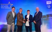 29 September 2018; Ronan Grimes of Killanny, Monaghan, is presented with his Football Team of the Year Award by Pat O’Doherty, ESB Chief Executive, alongside Former Tyrone footballer and Electric Ireland Minor Star Awards judge Sean Cavanagh, left, and Uachtarán Chumann Lúthcleas Gael John Horan. The Hurling and Football Team of the Year was selected by an expert panel of GAA legends including Ollie Canning, Sean Cavanagh, Michael Fennelly and Daniel Goulding. Sponsors of the GAA Minor Championships, Electric Ireland today recognised the talent and dedication of 15 Minor football players, and 15 Minor hurling players at the second annual Electric Ireland Minor Star Awards at Croke Park. #GAAThisIsMajor Photo by Sam Barnes/Sportsfile