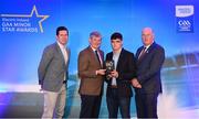 29 September 2018; Eoin Darcy of Tinahely, Wicklow, is presented with his Football Team of the Year Award by Pat O’Doherty, ESB Chief Executive, alongside Former Tyrone footballer and Electric Ireland Minor Star Awards judge Sean Cavanagh, left, and Uachtarán Chumann Lúthcleas Gael John Horan. The Hurling and Football Team of the Year was selected by an expert panel of GAA legends including Ollie Canning, Sean Cavanagh, Michael Fennelly and Daniel Goulding. Sponsors of the GAA Minor Championships, Electric Ireland today recognised the talent and dedication of 15 Minor football players, and 15 Minor hurling players at the second annual Electric Ireland Minor Star Awards at Croke Park. #GAAThisIsMajor Photo by Sam Barnes/Sportsfile