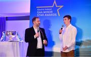29 September 2018; Electric Ireland Minor Hurler of the Year 2018 Donal O’Shea of Salthill/Knocknacarra, Galway, right, speaking at the 2018 Electric Ireland Minor Star Awards. The Football Team of the Year was selected by an expert panel of GAA legends including Ollie Canning, Sean Cavanagh, Michael Fennelly and Daniel Goulding. Sponsors of the GAA Minor Championships, Electric Ireland today recognised the talent and dedication of 15 Minor football players, and 15 Minor hurling players at the second annual Electric Ireland Minor Star Awards at Croke Park. #GAAThisIsMajor Photo by Sam Barnes/Sportsfile