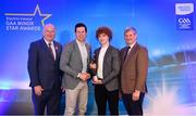 29 September 2018; Electric Ireland Minor Footballer of the Year 2018 Paul Walsh of Brosna, Kerry, second from right, is presented with his award by Former Tyrone footballer and Electric Ireland Minor Star Awards judge Sean Cavanagh, alongside Uachtarán Chumann Lúthcleas Gael John Horan, left, and Pat O’Doherty, ESB Chief Executive, at the 2018 Electric Ireland Minor Star Awards. The Football Team of the Year was selected by an expert panel of GAA legends including Ollie Canning, Sean Cavanagh, Michael Fennelly and Daniel Goulding. Sponsors of the GAA Minor Championships, Electric Ireland today recognised the talent and dedication of 15 Minor football players, and 15 Minor hurling players at the second annual Electric Ireland Minor Star Awards at Croke Park. #GAAThisIsMajor Photo by Sam Barnes/Sportsfile
