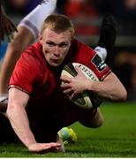 29 September 2018; Keith Earls of Munster goes over to score his side's eighth try during the Guinness PRO14 Round 5 match between Munster and Ulster at Thomond Park in Limerick. Photo by Matt Browne/Sportsfile