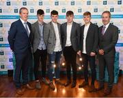 29 September 2018; Kilkenny hurlers, from left, Conor Kelly of O’Loughlin Gaels, Jamie Young of O’Loughlin Gaels, Darragh Maher of St. Lachtain’s, and Ciarán Brennan of Bennettsbridge, with Adrian Finan, left, and Richie Mulrooney, right, on their arrival at the 2018 Electric Ireland Minor Star Awards. The Hurling/Football Team of the Year was selected by an expert panel of GAA legends including Ollie Canning, Sean Cavanagh, Michael Fennelly and Daniel Goulding. Sponsors of the GAA Minor Championships, Electric Ireland today recognised the talent and dedication of 15 Minor football players, and 15 Minor hurling players at the second annual Electric Ireland Minor Star Awards at Croke Park. #GAAThisIsMajor Photo by Stephen McCarthy/Sportsfile