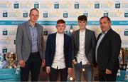 29 September 2018; Monaghan minor footballers Ronan Grimes of Killanny, second from left, and Aaron Mulligan of Latton, with David McCague, left, and manager Seamus McEnaney, right, on their arrival at the 2018 Electric Ireland Minor Star Awards. The Hurling/Football Team of the Year was selected by an expert panel of GAA legends including Ollie Canning, Sean Cavanagh, Michael Fennelly and Daniel Goulding. Sponsors of the GAA Minor Championships, Electric Ireland today recognised the talent and dedication of 15 Minor football players, and 15 Minor hurling players at the second annual Electric Ireland Minor Star Awards at Croke Park. #GAAThisIsMajor Photo by Stephen McCarthy/Sportsfile
