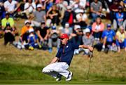 30 September 2018; Justin Thomas of USA reacts after missing a putt on the 9th green during his Singles Match against Rory McIlroy of Europe during the Ryder Cup 2018 Matches at Le Golf National in Paris, France. Photo by Ramsey Cardy/Sportsfile