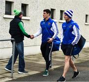 30 September 2018; Diarmuid Connolly, centre, and Albert Martin, right, of St Vincent's are greeted by John Tindley from Ballyboughal, Dublin, on arrival prior to the Dublin County Senior Club Football Championship Quarter-Final match between St Vincent's and Castleknock at Parnell Park in Dublin. Photo by Harry Murphy/Sportsfile
