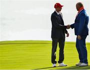 30 September 2018; USA captain Jim Furyk, left, and Europe captain Thomas Bjørn shake hands following the Ryder Cup 2018 Matches at Le Golf National in Paris, France. Photo by Ramsey Cardy/Sportsfile