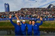 30 September 2018; Europe golfers, from left, Paul Casey, Ian Poulter, Tommy Fleetwood and Justin Rose celebrate after winning the Ryder Cup following the Ryder Cup 2018 Matches at Le Golf National in Paris, France. Photo by Ramsey Cardy/Sportsfile