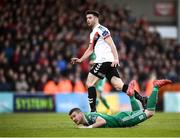 30 September 2018; Kevin Devaney of Bohemians and Steven Beattie of Cork City watch on as a shot from Kevin Devaney hits the post during the Irish Daily Mail FAI Cup Semi-Final match between Bohemians and Cork City at Dalymount Park in Dublin. Photo by Stephen McCarthy/Sportsfile