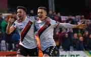 30 September 2018; Kevin Devaney, left, and Daragh Leahy of Bohemians celebrate after team-mate Dinny Corcoran, not pictured, scored their first goal during the Irish Daily Mail FAI Cup Semi-Final match between Bohemians and Cork City at Dalymount Park in Dublin. Photo by Stephen McCarthy/Sportsfile