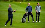 2 October 2018; Former Monaghan footballer Dick Clerkin, watched by current Monaghan footballers Jack McCarron and Conor McManus, right, during the pro-am event at Concra Wood in Castleblayney, Co. Monaghan, ahead of the Monaghan Irish Challenge event which runs from the 4th to the 7th October. Tickets are available via Eventbrite. Photo by Ramsey Cardy/Sportsfile