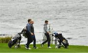 2 October 2018; Former Monaghan footballer Dick Clerkin, centre, with current Monaghan footballers Jack McCarron, left, and Conor McManus during the pro-am event at Concra Wood in Castleblayney, Co. Monaghan, ahead of the Monaghan Irish Challenge event which runs from the 4th to the 7th October. Tickets are available via Eventbrite. Photo by Ramsey Cardy/Sportsfile