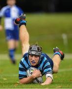 3 October 2018; Ciaran McCarrick of St. Vincents Castleknock College scores a try during the Leinster Schools Senior League match between St Vincent's Castleknock College and St Andrew’s College at Castleknock College in Dublin. Photo by Harry Murphy/Sportsfile
