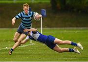3 October 2018; Jack Roche of St. Vincents Castleknock College is tackled by Louis Ronaldson of St Andrews College during the Leinster Schools Senior League match between St Vincent's Castleknock College and St Andrew’s College at Castleknock College in Dublin. Photo by Harry Murphy/Sportsfile