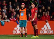 14 September 2018; Joey Carbery of Munster watched by team-mate Tyler Bleyendaal during the Guinness PRO14 Round 3 match between Munster and Ospreys at Irish Independent Park in Cork. Photo by Brendan Moran/Sportsfile