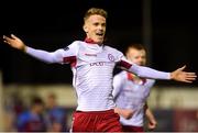 5 October 2018; James English of Shelbourne celebrates scoring his side's first goal during the SSE Airtricity League Promotion / Relegation Play-off Series 1st leg match between Drogheda United and Shelbourne at United Park, Drogheda, Co. Louth. Photo by Piaras Ó Mídheach/Sportsfile