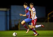 5 October 2018; Jake Hyland of Drogheda United in action against Derek Prendergast of Shelbourne during the SSE Airtricity League Promotion / Relegation Play-off Series 1st leg match between Drogheda United and Shelbourne at United Park, Drogheda, Co. Louth. Photo by Piaras Ó Mídheach/Sportsfile