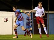 5 October 2018; Jake Hyland of Drogheda United in action against Shane Farrell of Shelbourne during the SSE Airtricity League Promotion / Relegation Play-off Series 1st leg match between Drogheda United and Shelbourne at United Park, Drogheda, Co. Louth. Photo by Piaras Ó Mídheach/Sportsfile