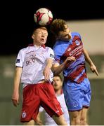 5 October 2018; Shane Farrell of Shelbourne in action against Ciaran Kelly of Drogheda United during the SSE Airtricity League Promotion / Relegation Play-off Series 1st leg match between Drogheda United and Shelbourne at United Park, Drogheda, Co. Louth. Photo by Piaras Ó Mídheach/Sportsfile