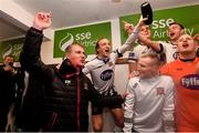5 October 2018; Dundalk manager Stephen Kenny with player John Mountney, centre, celebrate following their victory in the SSE Airtricity League Premier Division match between Dundalk and St Patrick's Athletic at Oriel Park in Dundalk, Co Louth. Photo by Seb Daly/Sportsfile
