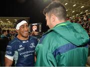 5 October 2018; Bundee Aki of Connacht celebrates with team-mate Tiernan O’Halloran after the Guinness PRO14 Round 6 match between Ulster and Connacht at Kingspan Stadium, in Belfast. Photo by Oliver McVeigh/Sportsfile