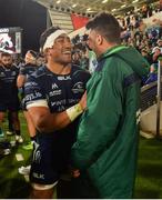 5 October 2018; Bundee Aki of Connacht celebrates with team-mate Tiernan O’Halloran after the Guinness PRO14 Round 6 match between Ulster and Connacht at Kingspan Stadium, in Belfast. Photo by Oliver McVeigh/Sportsfile