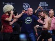 5 October 2018; Conor McGregor, right, and Khabib Nurmagomedov are kept apart by UFC President Dana White after weighing in for UFC 229 at T-Mobile Arena in Las Vegas, Nevada, United States. Photo by Stephen McCarthy/Sportsfile