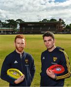 13 June 2018; Hawthorn AFL players Conor Glass, left, and Conor Nash pictured at the old spiritual home of Hawthorn AFL team at Glenferrie Oval in Hawthorn, Victoria in Australia. Photo by Brendan Moran/Sportsfile