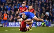 6 October 2018; James Lowe of Leinster is tackled by Joey Carbery of Munster during the Guinness PRO14 Round 6 match between Leinster and Munster at the Aviva Stadium in Dublin. Photo by Ramsey Cardy/Sportsfile