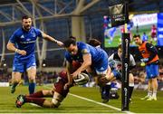 6 October 2018; James Lowe of Leinster goes over to score his side's third try despite the tackle by Jean Kleyn of Munster during the Guinness PRO14 Round 6 match between Leinster and Munster at Aviva Stadium, in Dublin. Photo by Harry Murphy/Sportsfile