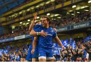 6 October 2018; James Lowe of Leinster celebrates scoring his sides third try with team mates during the Guinness PRO14 Round 6 match between Leinster and Munster at Aviva Stadium, in Dublin. Photo by Harry Murphy/Sportsfile