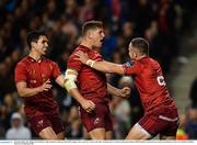 6 October 2018; Alby Mathewson of Munster, right, celebrates with team-mates Dan Goggin, centre, and Joey Carbery, left, after scoring his side's third try during the Guinness PRO14 Round 6 match between Leinster and Munster at the Aviva Stadium in Dublin. Photo by Seb Daly/Sportsfile