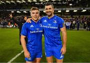 6 October 2018; Luke McGrath, left, following his 100th Leinster appearance, and Rob Kearney, following his 200th Leinster appearance, following their victory in the Guinness PRO14 Round 6 match between Leinster and Munster at the Aviva Stadium in Dublin. Photo by Ramsey Cardy/Sportsfile