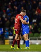 6 October 2018; Luke McGrath of Leinster, right, and Joey Carbery of Munster embrace following the Guinness PRO14 Round 6 match between Leinster and Munster at the Aviva Stadium in Dublin. Photo by Seb Daly/Sportsfile