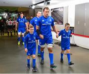 6 October 2018; Matchday mascots 9 year old Dylan Evans, from Delgany, Co. Wicklow, and 7 year old Killian Dardis, from Derrymore, Killucan, Co. Westmeath, with Leinster captain Rhys Ruddock ahead of the Guinness PRO14 Round 6 match between Leinster and Munster at the Aviva Stadium in Dublin. Photo by Seb Daly/Sportsfile