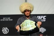6 October 2018; Khabib Nurmagomedov during the post fight press conference after his victory over Conor McGregor in their UFC lightweight championship fight during UFC 229 at T-Mobile Arena in Las Vegas, Nevada, USA. Photo by Stephen McCarthy/Sportsfile