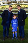 6 October 2018; Matchday mascot 7 year old Killian Dardis, from Derrymore, Killucan, Co. Westmeath, with Leinster players Barry Daly and Tom Daly ahead of the Guinness PRO14 Round 6 match between Leinster and Munster at the Aviva Stadium in Dublin. Photo by Ramsey Cardy/Sportsfile