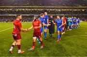 6 October 2018; Alby Mathewson, left, shakes hands with Duncan Williams of Munster following the Guinness PRO14 Round 6 match between Leinster and Munster at the Aviva Stadium in Dublin. Photo by Ramsey Cardy/Sportsfile