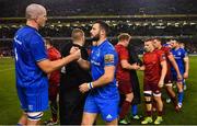 6 October 2018; Devin Toner, left, shakes hands with Robbie Henshaw of Leinster following the Guinness PRO14 Round 6 match between Leinster and Munster at the Aviva Stadium in Dublin. Photo by Ramsey Cardy/Sportsfile