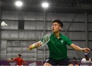 7 October 2018; Nhat Nguyen of Team Ireland, from Clarehall, Dublin, in action against Kettiya Keoxay of Laos during the Men's Singles Badminton, first round, event in the Tecnopolis Park, Buenos Aires, on Day 1 of the Youth Olympic Games in Buenos Aires, Argentina. Photo by Eóin Noonan/Sportsfile